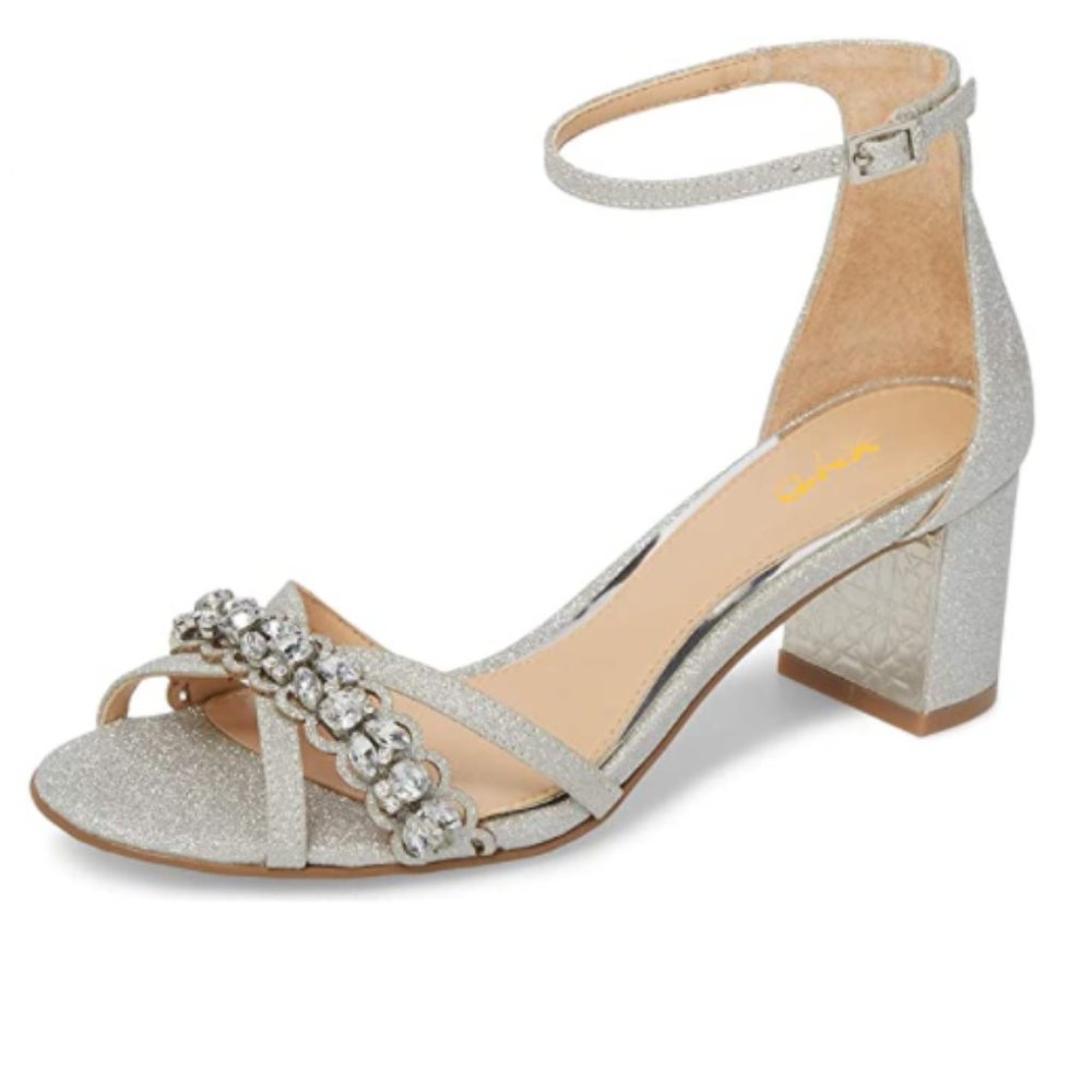 XYD Silver Glitter Ankle Strap Block Heel Sandals